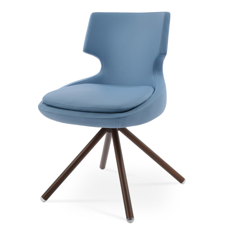Chaise d'appoint Patara, Similicuir bleu, Noyer, Cuirette
