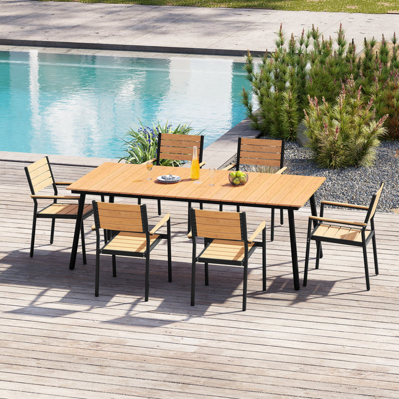 6-Person 82.48''LX40.55''W Outdoor Dining Set with Aluminum Frame, Umbrella Hole and Armchairs, Brown