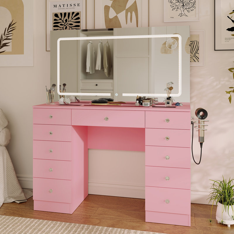 Ensemble de coiffeuse 45,9 "avec miroir éclairé, 11 tiroirs et support pour sèche-cheveux, Rose