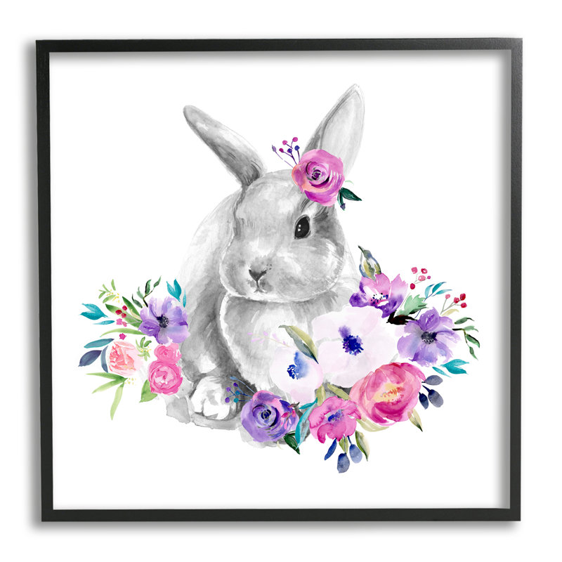 «Bunny With Spring Roses» par Jennifer Paxton Parker, H 24 po x l 24 po x P 1,5 po, Giclée encadrée noir minuit
