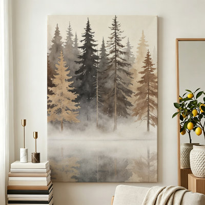 Toile murale, paysage de forêt brumeux à feuilles persistantes, art de la nature à l'aquarelle brumeuse douce, impression sur toile tendue pour salon, chambre, bureau, décor