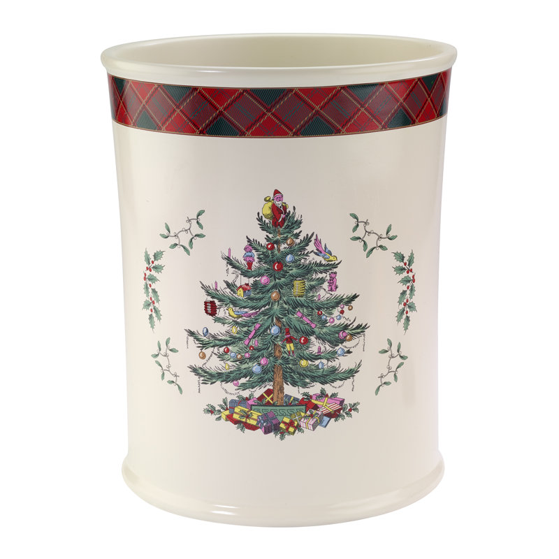 Ivory and Red Christmas Tree Tartan Wastebasket