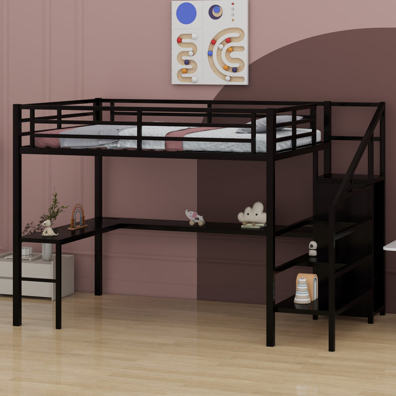 Metal Loft Bed With L-Shaped Desk And USB, Wardrobe And  Shelf, High Loft Bed With LED For Kids Teens Adults, Black, Queen