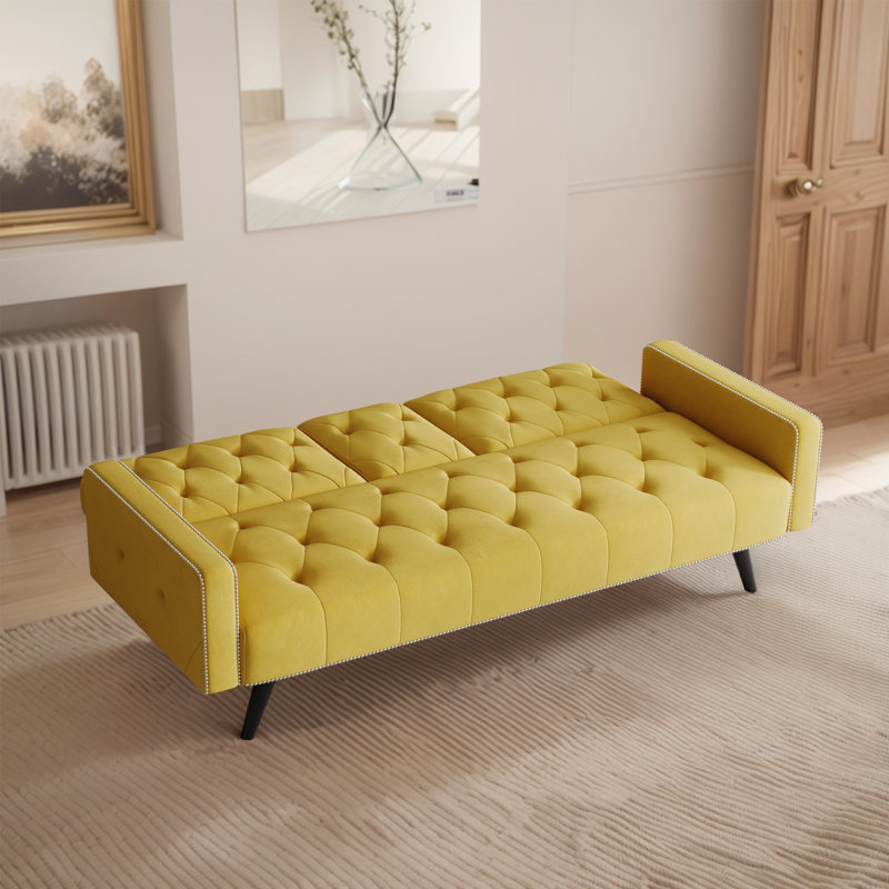 Canapé-lit en velours avec porte-gobelet, Velours jaune