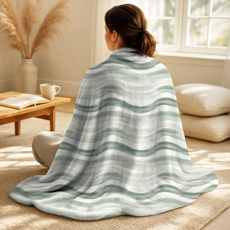 Wavy Line sauge beige - couverture douillette abstraite, jeté moderne doux, Beige/Green Abstract