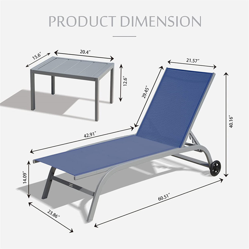 Ensemble de 3 chaises longues d'extérieur, Bleu