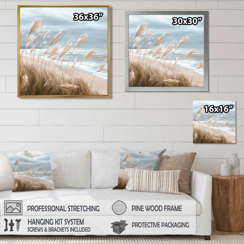 «Beach Scene With Tall Pampas Grass I», reproduction d'art sur la plage, Toile encadrée blanche avec une seule photo