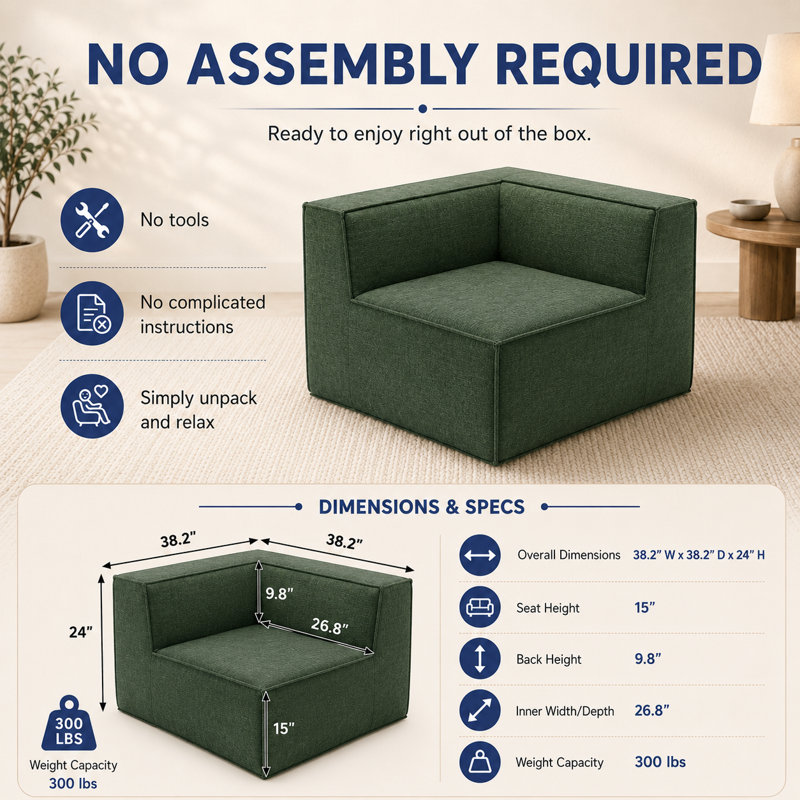 Fauteuil de coin modulaire Comfy Cloud 38 po, module de canapé en mousse à compression, aucun assemblage requis