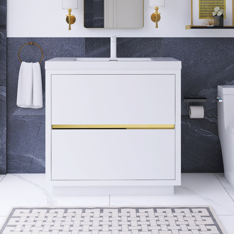 36 po Meuble-lavabo autoportant à simple cuve, Blanc lustré