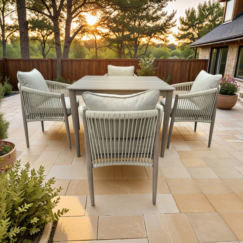 Bali 5-Piece Brown Aluminum Outdoor Dining Table Set with a Square Dining Table, 4 Dining Chairs, and Cast Natural Cushions