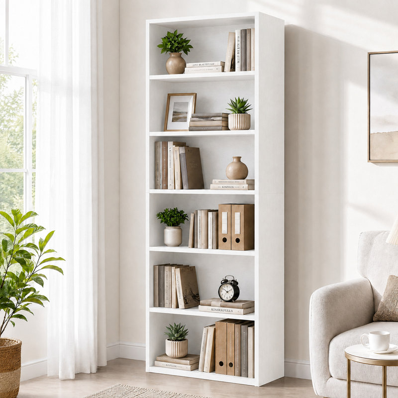 63'' H Rectangular Freestanding Adjustable and Anti-tip 6-Tier Bookcase, (6 Shelves) 63"H x 23.8"W x 9.2"D, White