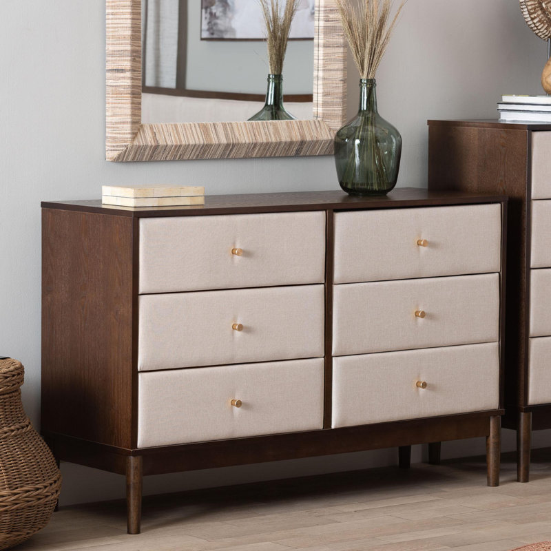 Allenport Baxton Studio Nikolai Mid-Century Beige Fabric And Wenge Brown Wood 6-Drawer Dresser