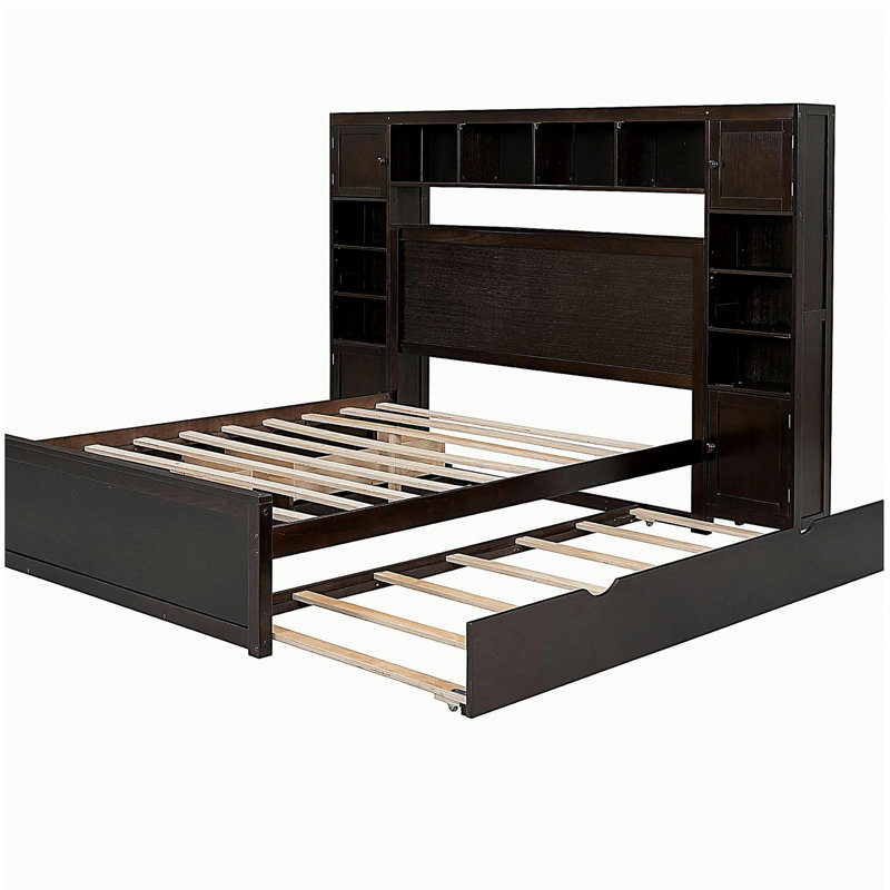 Grand lit en bois avec commode intégrée, tablettes de rangement et prises de courant, lit double de taille XL, couleur latte