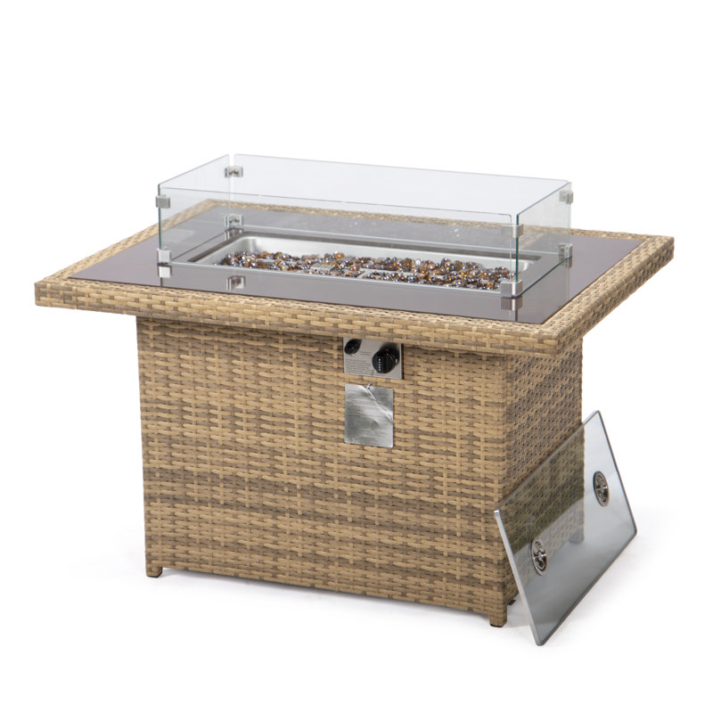 Nashia 44" Rectangular Propane Fire Pit Table - 55,000 BTU Outdoor Gas Fireplace - Wicker Frame, Glass Shield & Matching Lid