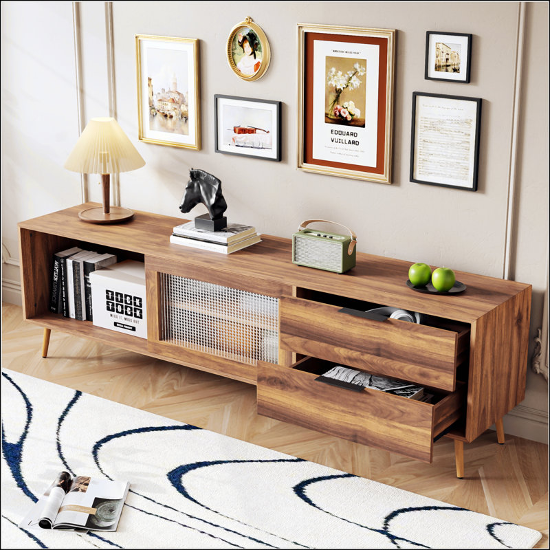 Meuble télé en bois avec porte coulissante en verre trempé, console multimédia moderne avec tiroirs et rangement ouvert
