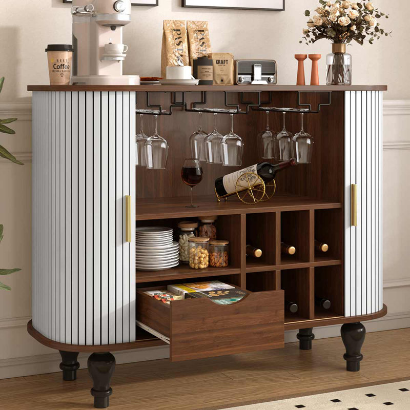 Armoire 39 "avec 6 porte-bouteilles et 3 porte-verres, armoire à café avec tiroir de rangement, Brun / Blanc