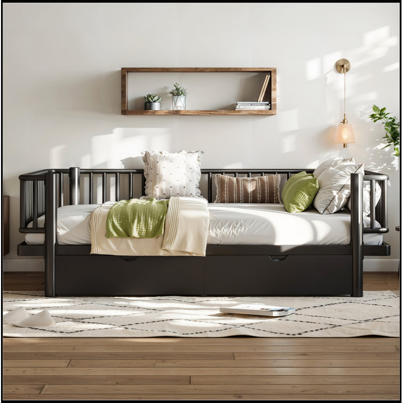 Lit plateforme double avec tiroirs de rangement, structure de lit de jour en métal avec conception de tuyau rond de sécurité améliorée