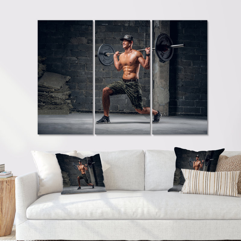 «Man Is Doing Lunge With Barbell» - ensemble d'art mural aérobie et musculation, H 28 po x l 36 po