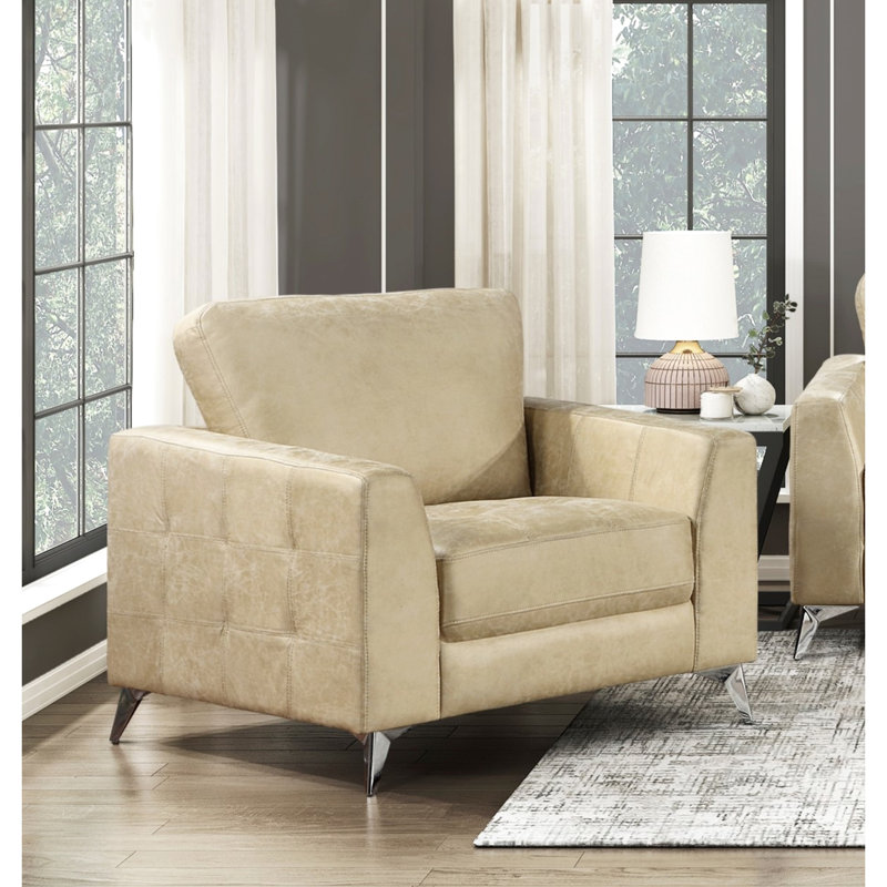 Profondeur de l'assise 21,5 po avec microfibre sable, bois massif, pieds argentés, hauteur de l'ensemble 21,5 po, sable