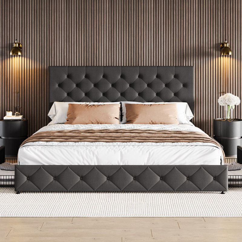 Zelna Upholstered Platform Storage Bed with 4 Drawers and Sleek Button Tufting, King, Dark Gray