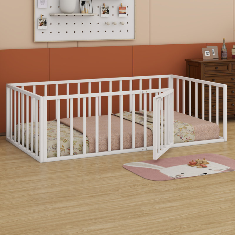 Haryuvraj Floor Bed Frame with Fence and Door, White, Twin