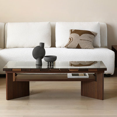 Table basse en bois de noyer massif avec plateau en verre