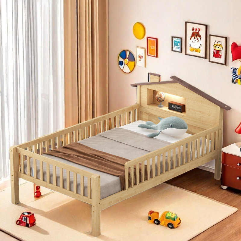 Lit plateforme avec rangement Aleczandria, Lit simple, Naturel