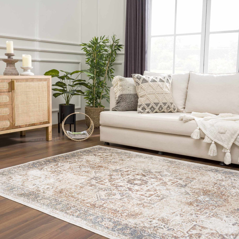 Medallion Design Performance Beige/Brown/Blue Machine Washable Area Rug, Rectangle 5'3" x 7'