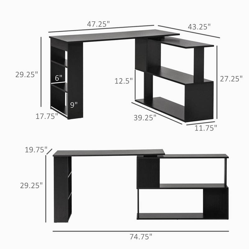 L Shaped Corner Desk, 360 Degree Rotating Home Office Desk With Storage Shelves, Writing Table Workstation