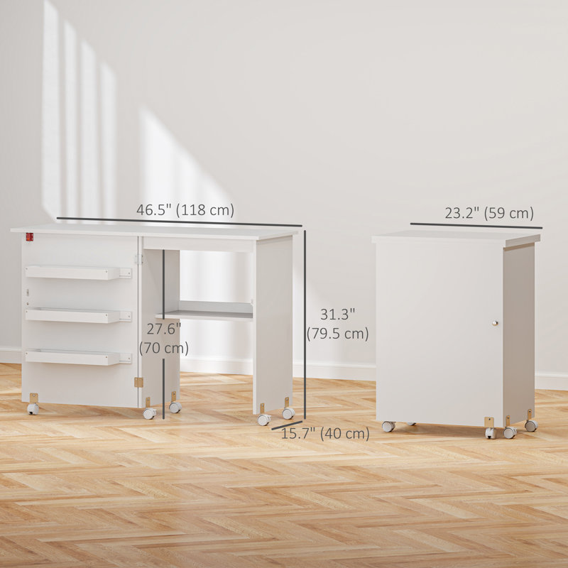 Folding Sewing Table Mobile Sewing Machine Cabinet with Shelf White