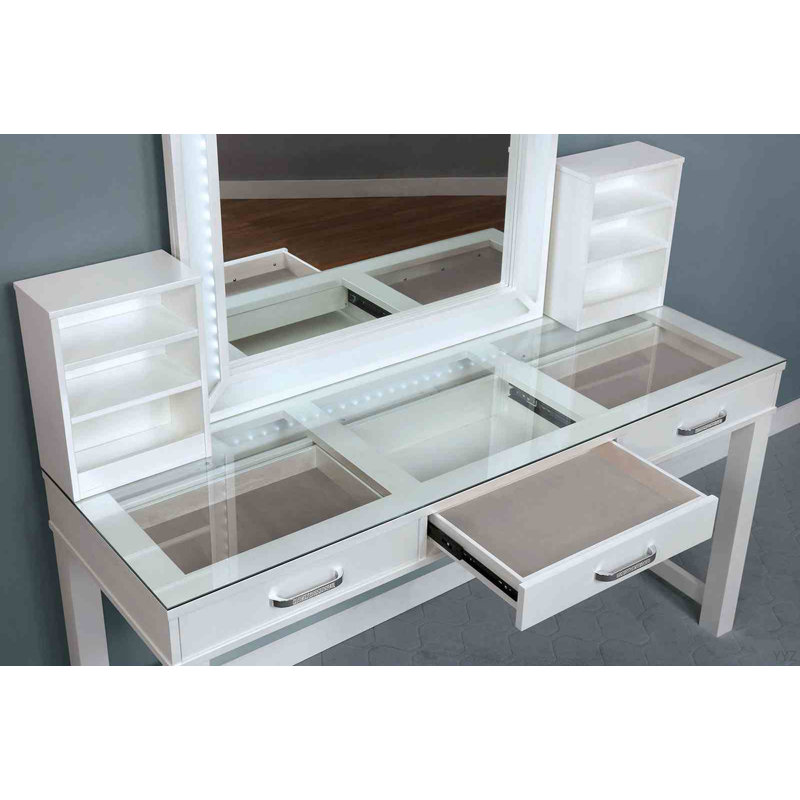 1Pc Vanity W/ Stool Set Tempered Glass Top Central Mirror Storage Drawers Padded Stool Bedroom Furniture, White