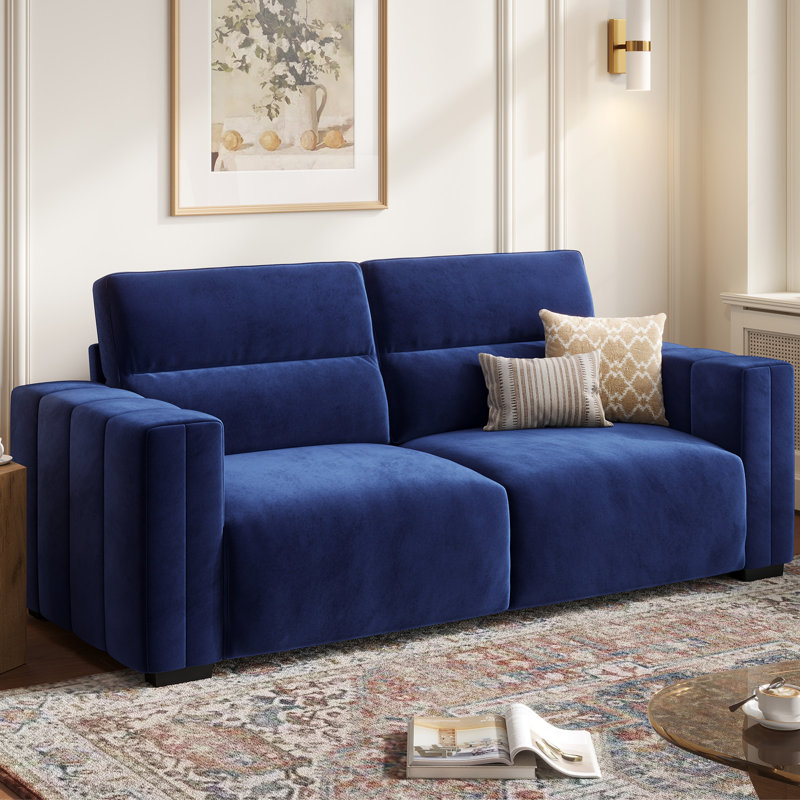82" Velvet Square Arm Loveseat Sofa, Premium Upholstered Living Room Sofa Couch, Blue