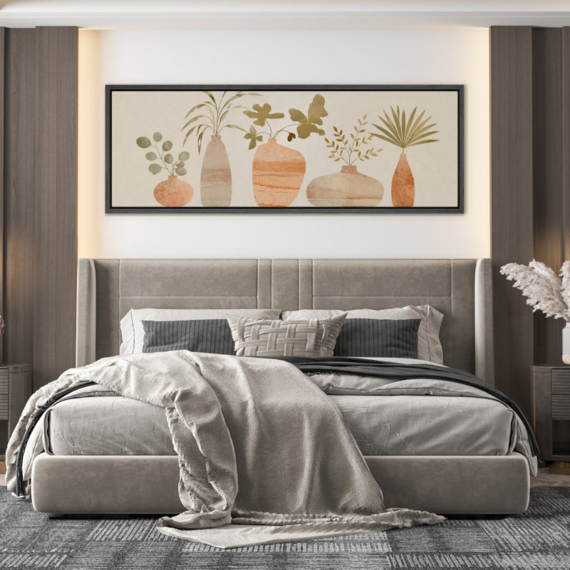 Composition florale minimaliste et neutre en vase - Grande toile encadrée, impression d'art mural pour chambre principale