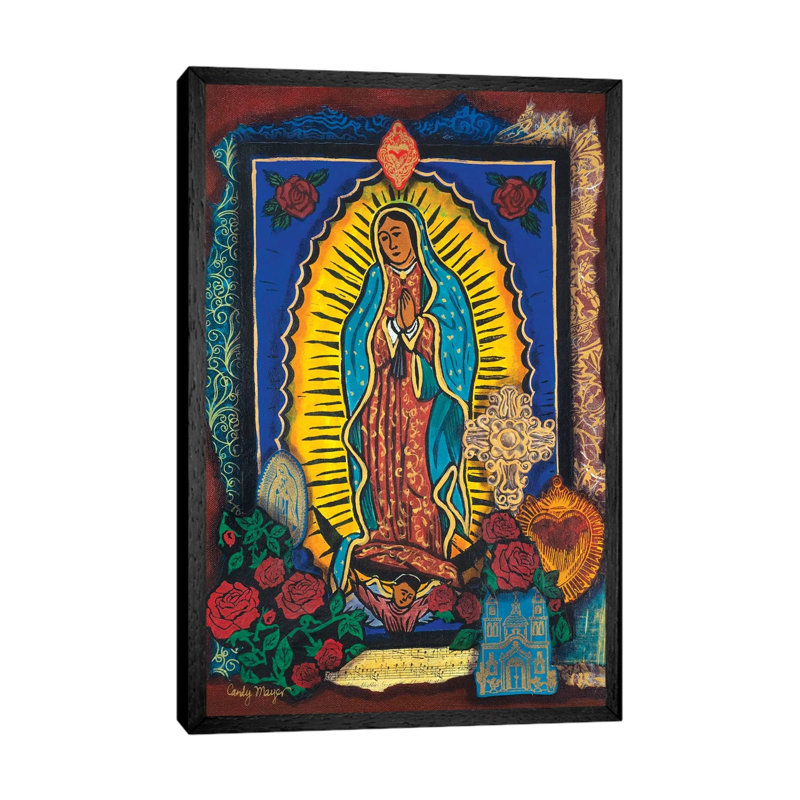 Guadalupe Collage by Candy Mayer - Painting on Canvas, Black Framed Canvas, 66.04cm H x 20.32cm W x 3.81cm D