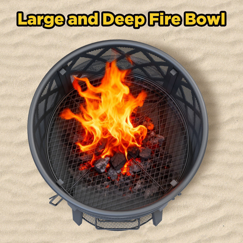 Outdoor Wood Burning Fire Pit with Poker and Cover, Fireplace with Cooking Grate and Storage, Black