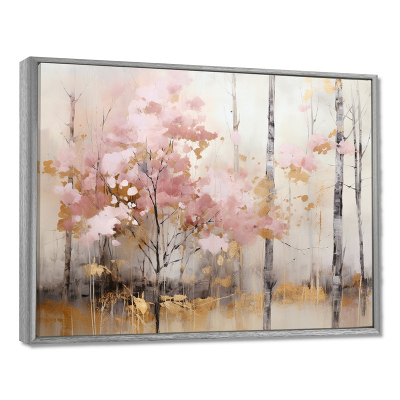 «Minimalisme rose et forêt dorée», reproduction sur toile, H 16 po x l 32 po x P 1 po, Encadrement argenté