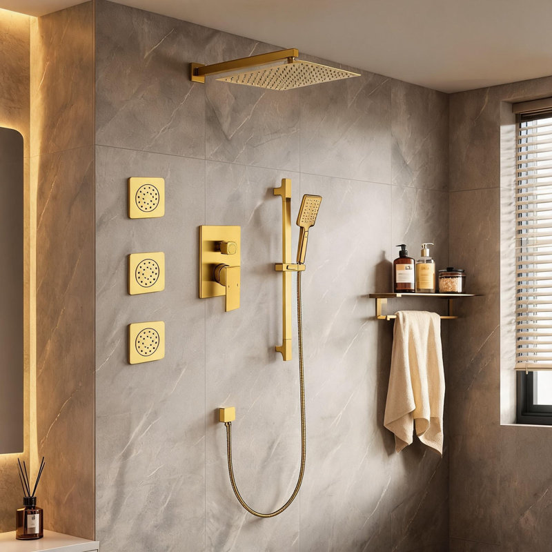 Système de douche mural complet en laiton brossé doré avec pomme de douche à main et barre coulissante