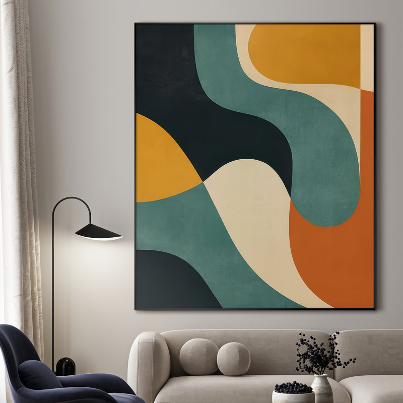 Très grande reproduction d'art sur tissu - formes modernes incurvées de style Mid-Century en moutarde sarcelle et décor d'œuvres d'art noir pour le salon ou la chambre à coucher - «Assemblage requis du cadre (cadre non fini)»