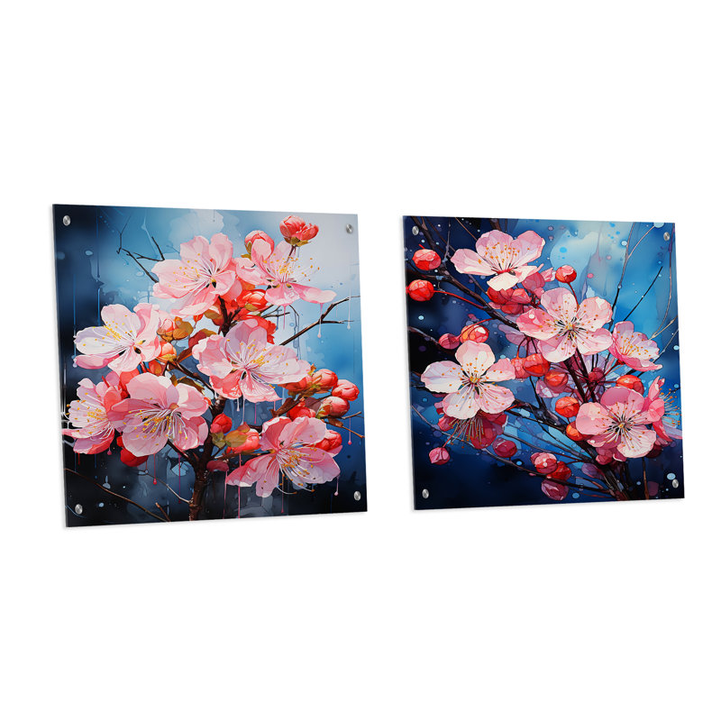 «Pink Apple Blossom Collage I», ensemble de 2 verres muraux en acrylique, H 36 po x l 73 po