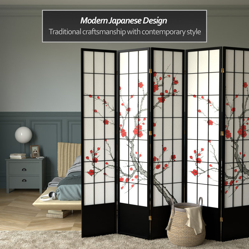 83.5" Cherry Blossom Shoji Room Divider, 5, Black