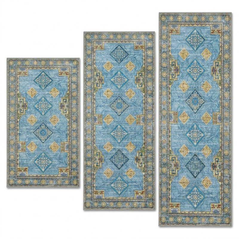 Ensemble de 3 tapis de cuisine lavables et antidérapants, Bleu pâle