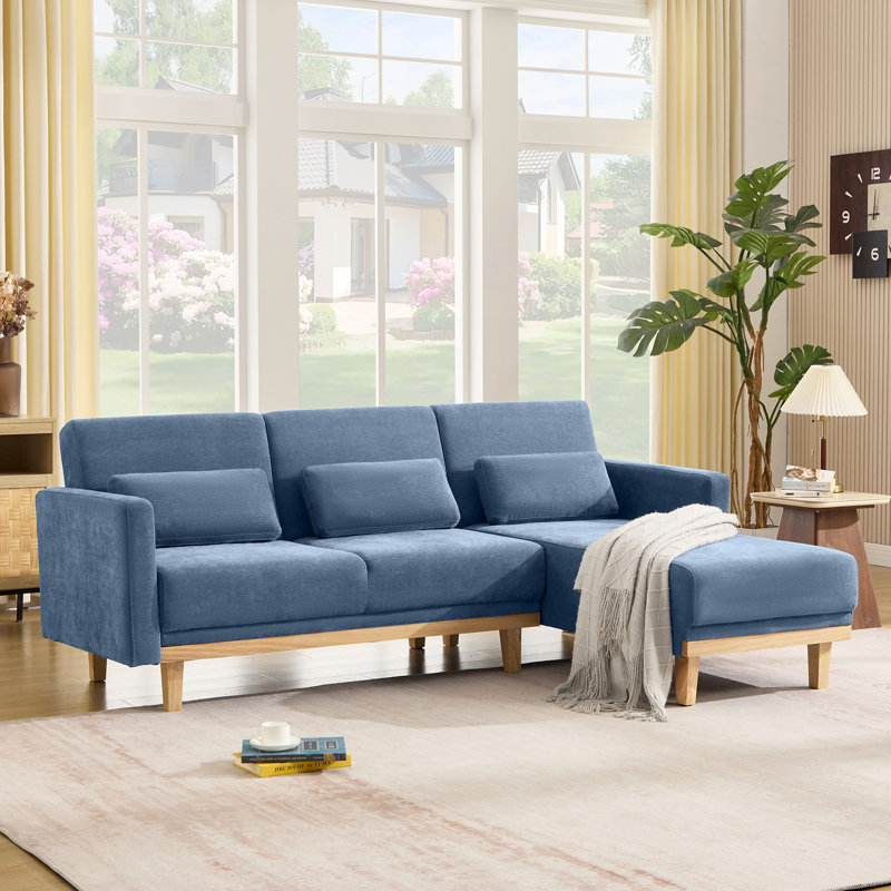 86.6'' 3-Level Adjustable Chenille Reversible L-Shaped Sectional, Chenille bleu