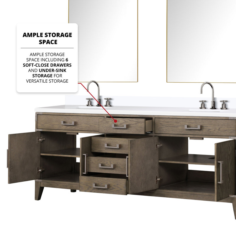 80 po Meuble-lavabo double large en chêne gris avec comptoir en quartz blanc, robinet inclus, 36 miroirs, garniture scellée et durable pour la durabilité