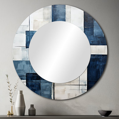 Sabeeha Indigo Illusion Abstract Shapes V - Abstract Shapes Decorative Wall Mirror, Black Round Mirror, Printed Metal Art