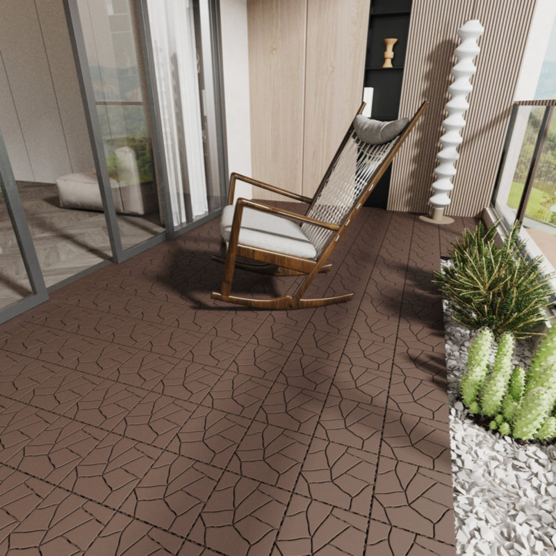 Brown Faux Stone Pattern Interlocking Outdoor Deck Tiles, 12" x 12"