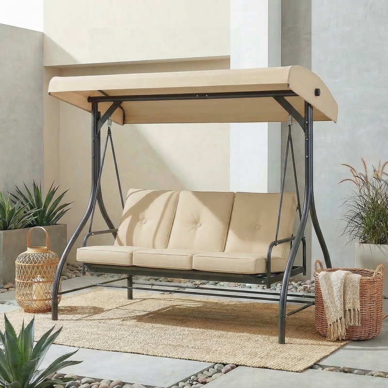 Balancelle d'extérieur pour 3 personnes avec auvent et support réglables, balançoire convertible en lit plat 2 en 1, banc de balançoire de patio avec coussins épais, structure en acier robuste, résistante aux intempéries, pour jardin, cour, terrasse