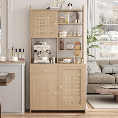 71'' Tall Kitchen Pantry Storage Cabinet, Kitchen Hutch Bar Cabinet with Microwave Stand, Farmhouse Buffet Cabinet w/Drawer, 3 Adjustable Shelf & 3 Rattan Doors for Kitchen, Dining Room (Natural)