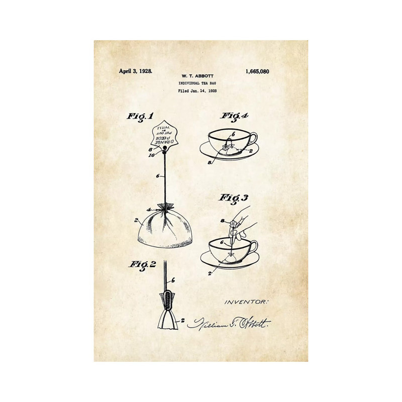 Sachet de thé par brevet77 - reproduction de dessin sur toile tendue, H 18 po x l 12 po x 1,5 po