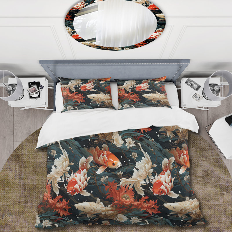 Ensemble de housse de couette Koi Pond Reflections I, Housse de couette simple + 1 taie décorative stan