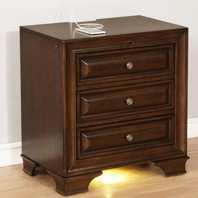 Table de chevet en merisier brun pour chambre à coucher - 3 tiroirs doublés de feutre et prise électrique en bois massif sous le meuble